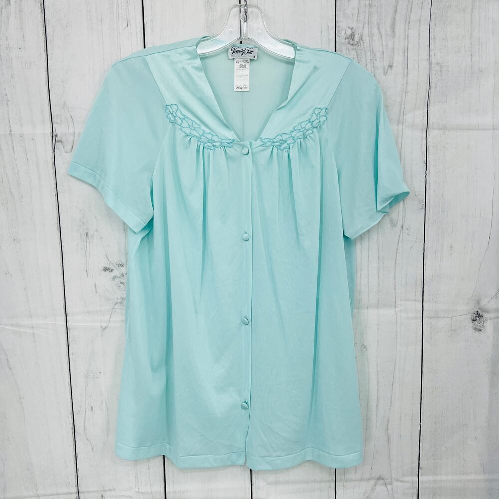 Vanity Fair SMALL VINTAGE 90s Nylon Sleep Shirt blue sheer floral embroidered